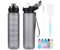 AOHAN Borraccia con cannuccia, 1 l, borraccia sportiva con segni di tempo, a prova di perdite, PCTG, senza BPA, borraccia motivazionale, con spazzola per la pulizia, per palestra