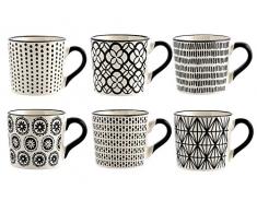 H&H Vhera Set 6 Tazze Tè, Stoneware, Bianco/Nero, 220 ml