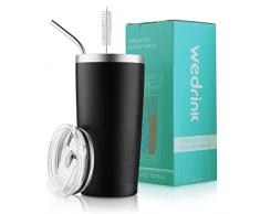 wedrink Tazza da viaggio 550 ml, tazza da viaggio isolata in acciaio inossidabile, Bicchiere Termico,tazza da caffè con coperchio a prova di fuoriuscita, cannuccia, spazzola per tubi, senza BPA, nero