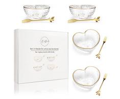 Biffidì Set di 4 Ciotole in vetro a forma di cuore per gelato insalata aperitivo antipasti colazione e merenda con 4 forchette dorate