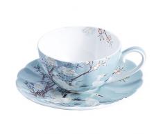 ufengke 8oz Blu Fine Bone China,Tazza di caffè con Piattino,Fiori Colorati,Piattino e Piattino in Porcellana Bianca Crane