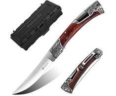 Poktlife Coltello Pieghevole,Coltellino tascabile con incisione floreale decorativa retrò in metallo manico in legno, Miglior Coltello da Trekking da Pesca da Caccia da Campeggio (Legno Rosso)