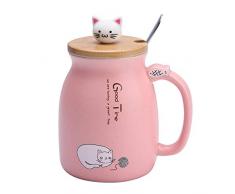 Tazza per gatti Tazza da caffè in ceramica carina con coperchio in legno Lovely Kitty Cucchiaio in acciaio inossidabile, Tazza da tè e latte di Natale 420ML per il regalo di bicchieri(Rosa)