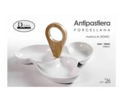 ANTIPASTIERA CUORI A 3 SCOMPARTI CM 26 IN PORCELLANA CON MANICO IN LEGNO