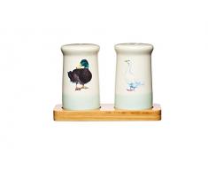 KitchenCraft Apple Farm Ceramica Decorata a Mano Saliera e Pepiera con Vassoietto in Legno (Set 3 Pezzi), Anatra e Oca