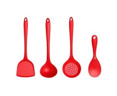 Ausemo Set di Utensili da Cucina 4 Pezzi Commestibile Sicurezza Silicone Stoviglie Resistente al Calore Anti-Aderente Spatola Cucchiai di Riso Scrematrice Mestolo,Red
