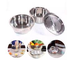 Grattugia multiuso in acciaio inox addensata, per grattugiare formaggi, affettare verdure e lavare frutta, con ciotola e scolapiatti (3 in 1)