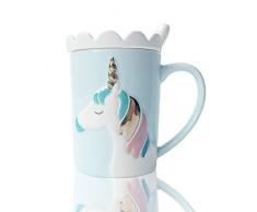 BigNoseDeer Tazze Carine Tazza in Ceramica con Unicorno Tazza di caffè Divertente Unico Latte Tazze da tè con Coperchio in Pizzo e Cucchiaio per Bambini, Donne, Ragazze (Blu)