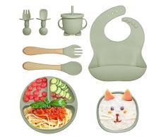 Set Pappa per Bambino, 8 Pezzi Senza BPA Set Pappa Antiscivolo, Silicone Set Pappa Svezzamento Bambini, Set da Tavola con Ventosa Piatto Ciotola Tazza Bavaglino 2 Cucchiaio e 2 Forchetta (Verde-1)