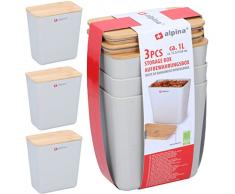 BAKAJI set 3 Barattoli Contenitori in Plastica con Tappo in Legno per Sale Zucchero Caffe Saliera Zuccheriera 180gr Design Moderno Dimensione 13,5 x 13 x 8 cm Colore Bianco