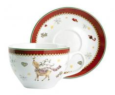 HOME Confezione 2 Tazze Jumbo Porcellana Natale Cc450 con Piatti Arredo Tavola, Multicolore
