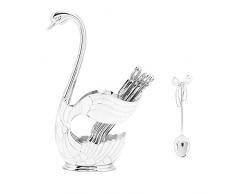 6 Pezzi Cucchiaino Dessert per Stoviglie, Cucchiaini da Dessert Tè, Cucchiai da Dessert Caffè, Lega Zinco Cucchiaini Caffè Metallo con Porta Cucchiaio a Forma di Cigno per Caffè, Dessert (Argento)