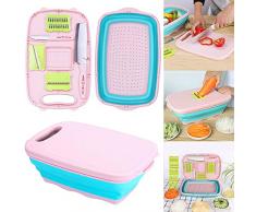 Barrageon Cucina Tagliere Pieghevole 9 in 1 Multifunzione Verdura Frutta Lavare Canestro Coltelli Affettare Patate Grattugia Portatile Casa Campeggio Escursionismo Utensili (Rosa & Blu)