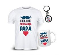 Generico Kit Regalo Festa del papà | Regalo Originale al Tuo papà | t-Shirt, Portachiavi, Tazza | Prodotto Italiano, Stampa Nome | Omaggio Tela con Foto Personalizzata (Felice papà)