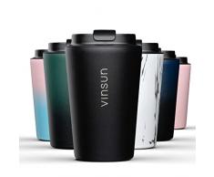 VINSUN Tazza Termica da Viaggio 350ml - Thermo per Caffè e Tè caldo e freddo - Bicchiere Termico in Acciaio Inox a Doppia Parete - Coperchio con Beccuccio, Chiusura Ermetica, Nero
