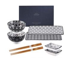 vancasso Serie Haruka, Set Sushi da 2 Persone in Fine Porcellana, Set Piatti Sushi, Ciotole per Riso, Piattini da Salse, Bacchette, Set 8 Pezzi Confezione in Regalo