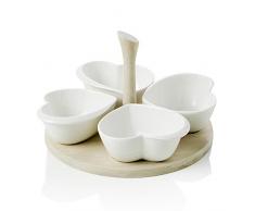 BRANDANI 54604 ANTIPASTIERA QUADRIFOGLIO CUORI PORCELLANA BIANCA SUPPORTO BAMBOO NATURALE