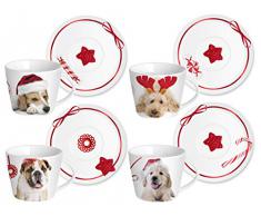 Home Cani Servizio Tazze Tè, con Piatto, Porcellana, Bianco, 4 Pezzi