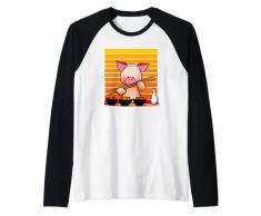 Maiale divertente che cerca di mangiare qualche sushi con le bacchette Maglia con Maniche Raglan
