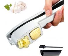 WOOLUCK® 2 in 1 spremiaglio, spremiaglio in acciaio inox con sbuccia aglio e spazzola di pulizia,schiaccia aglio manuale