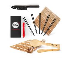 AYA Kit di Sushi Bambù Kit con Coltello Sushi Chef - Video Tutorial Online - 2 Tappetini per Arrotolare Sushi – Cucchiaio & Spatola - 5 Paia di Bacchette - 100% Naturali Qualità Premium.