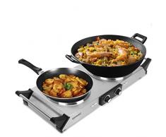 Duronic HP2 SS Fornello elettrico 2500W | 2 Piastre elettriche in ghisa con manici per il trasporto e Temperatura regolabile | Piano cottura 2 fuochi ideale per campeggio esterno o interni | Argento