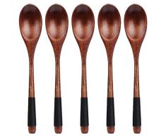 Coolty 5pcs Cucchiaio di Zuppa in Legno, Cucchiaio di Riso Coreano Giapponese con Manico Lungo, Utensili da Cucina Agitatore di Miscelazione Cottura Zuppa