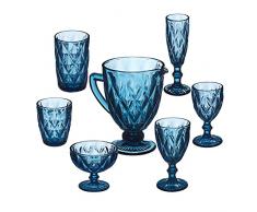 Relaxdays Set 7 Bicchieri Vetro, Look Vintage, Caraffa, 2 Calici Vino, Prosecco, Coppa Gelato, 2 Acqua, Blu Trasparente