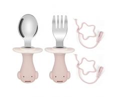 Vicloon Set di Posate per Bambini, Cucchiaio e Forchetta per Bambini con Corda Elastica, Posate Da Bambino in Acciaio Inossidabile 316, Senza BPA, con Scatola (Forma di Pinguino Rosa)