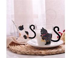 BESTONZON 250ML vetro trasparente carino stile giapponese gatto stampa Coppa personalità tazza di latte resistente al calore con manico (bianco)