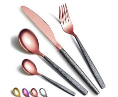 Set di posate 24 pezzi Rivestimento in oro rosa con manico nero Mars, acciaio inossidabile, rame, titanio, placcatura, coltelli, cucchiai, forchette, posate, set, utensili, set, posate, servizio,per 6