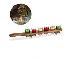Relaxdays 10022788 Set Bicchieri Shot, 6 Bicchierini da Liquore 4 cl, Pratico Vassoio 1/2 Metro, Divertente Idea Regalo, Marrone, Legno, Vetro, 6X Tagliere