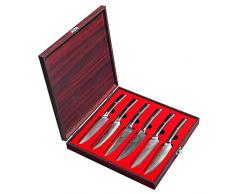 Sunnecko Coltelli da Bistecca 6 Pezzi, Coltelli da Tavola in Acciaio Inox VG10 Damasco, Set Coltelli da Cucina Lama Liscia da 13 cm, Coltello Giapponese con Manico G10, Coltelli Carne Professionali