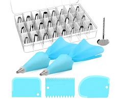 Kit di bocchette professionali per sac à poche in acciaio inox - beccucci russi grandi + sac à poche in silicone e accessori per decorare cupcake e torte - rose e fiori–foglie – kit per dolci 33Pcs