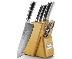 Sunnecko Set Coltelli da Cucina 6pcs, Ceppo Coltelli da Cucina in Legno, Coltelli da Cucina Professionali in Acciaio Damasco 67 Strati, Spelucchino, Coltello Giapponese, Coltello Santoku, Forbici