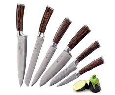 Wakoli Edib Set di 6 coltelli Damasco Coltelli da cucina con lame affilate da 8,50 a 20 cm realizzati in 67 strati con nucleo VG10 I Manici ergonomici in legno pakka