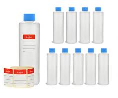 Octopus 10 x 250 ml Bottiglie in plastica, Bottiglie in plastica HDPE con Tappi a Vite in Blu, Bottiglie vuote con coperchi a Vite in Blu, Bottiglie Rotonde con 10 Etichette compilabili Incluse