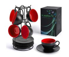 MIAMIO - 175 ml Set di 6 Tazze Cappuccino con Piattini/Tazza Cappuccino/Tazze da Cappuccino - Set Tazzine Caffè con Piattino - Tazze Colazione - Tazze Caffe - Collezione Le Papillon (Rosso)