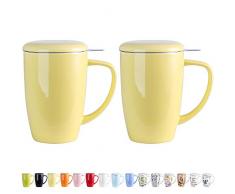 LOVECASA Tazza da tè con Infusore Acciaio Inox in Ceramica Porcellana, Filtri e Colini da tè, Filtro Infusori per tè, Set da tè caffè Mugs 2 PCS, 450ml, Giallo
