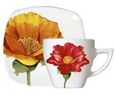 Home Quadro Holly Servizio Tazze Tè, con Piattino, Porcellana, Bianco/Decoro Fiori, 4 Pezzi