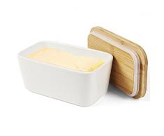 OUYANKA Burriera in Ceramica 250g Burriera in Porcellana Burriera con Coperchio in Legno Contenitore per Burro con guarnizione in Silicone Portaburro per il Frigo 16,7 x 10,5 x 7,9 cm (Bianco)