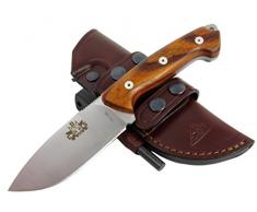 AXARQUIA - Coltello da Caccia, Sopravvivenza, Campeggio. Lama in acciaio MOVA-58 (HRC 56-58) Fodero per Cintura in pelle con ferrocerio (firesteel) compresa. Fatto in Spagna (AXARQUIA COCOBOLO)