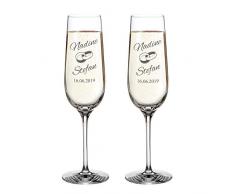 AMAVEL Set 2 Calici con Incisione Personalizzata con Nomi e Data, Motivo Fedi Nuziali, Bicchieri in Vetro per Sposi, Flute da Spumante, Idee Regalo Nozze, Anniversario Coppie