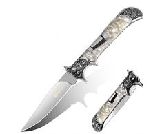 Poktlife Coltello Pieghevole,Coltellino tascabile con incisione floreale decorativa retrò in metallo manico in legno, Miglior Coltello da Trekking da Pesca da Caccia da Campeggio (Bianco)