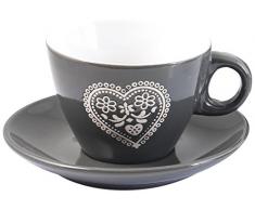 Home Cuore Servizio Tazze Tè, con Piatto, Porcellana, Grigio, 4 Pezzi