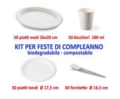 PARTY Kit Feste Compleanno 50 Pezzi di Piatti 17,5 + Piatti ovali 26x20 + forchette + Bicchieri 180 ml biodegradabile compostabile
