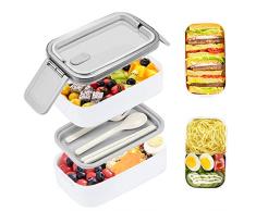 Bugucat Lunch Box 1400ML,Bento Box con 2 Contenitori e 2 Divisorio Porta Pranzo con Posate per Microonde e Lavastoviglie per Adulti e Bambini,Portapranzo Senza BPA per Scuola lavoro Ufficio Meal prep