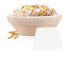 Cestino da Lievitazione rotondo, Fermentazione Cestino in Rattan Naturale (Ø 25 cm, altezza 8,5 cm) con inserto in lino lavabile e raschietto per la pasta, Banneton per pane (1000g di impasto)