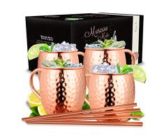 Vezato Bicchieri Moscow Mule [500ml] - Bicchieri in rame martellato con cannucce - Set Moscow Mule fatto a mano [4 pezzi] - Bicchieri in acciaio inossidabile per Moscow Mule