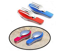 Senven®2Pcs 4 In 1stoviglie Da Campeggio In Acciaio Inossidabile-Coltello, Forchetta, Cucchiaio, Apribottiglie -Pieghevole Da Posate Portatile Multiuso -Cottura Mangiare Camping Utensile,Blu,Rosso